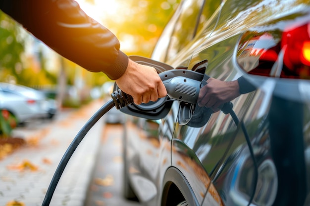 The driver of the electric car inserts the electrical connector to charge the batteries Unrecognizable man attaching power cable to electric car Generative AI