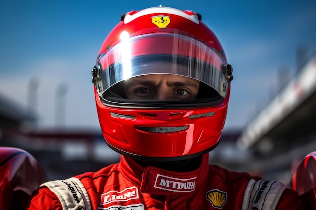 Driver in Helmet Before Formula One Racing Start Generative Ai