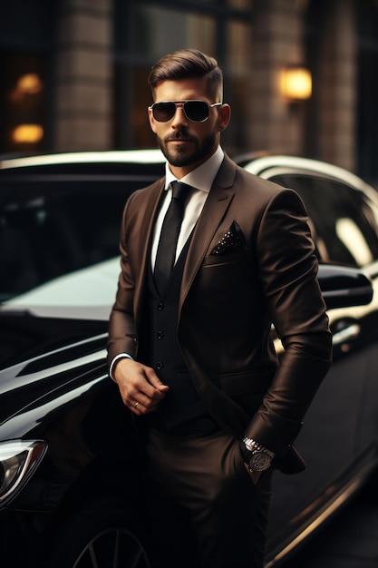 A driver impeccably dressed Elegant driver in suit next to a luxury car
