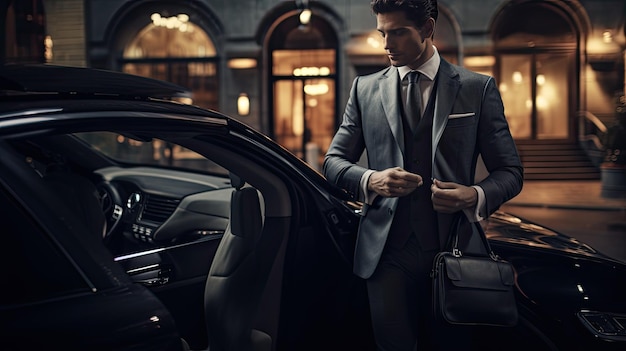 Photo a driver impeccably dressed opening the car door with a courteous hand for his passenger highlight the subtle interactions and the scene's upscale ambiance