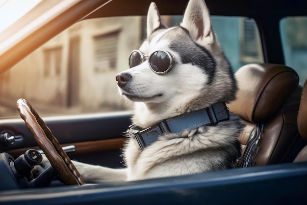 На водительском месте собака хаски в очках ведет машину во время путешествия