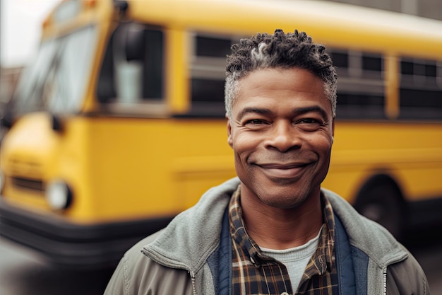 Driver of a school bus is seen standing in front of their vehicle which is parked and waiting to transport students Generative AI