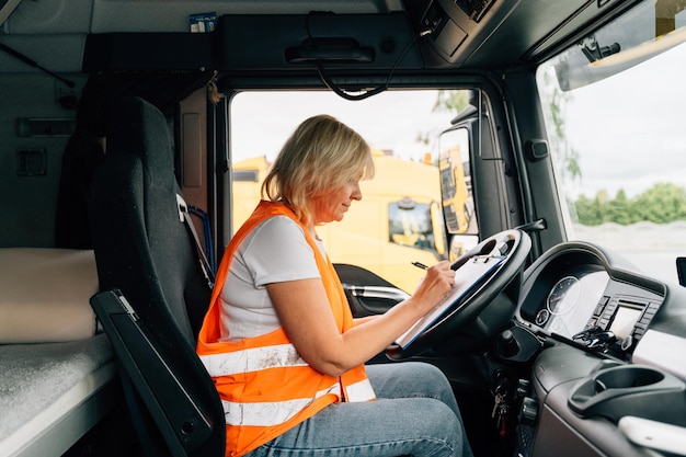 Driver writing sitting in truck