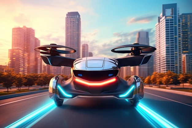 Driverless autonomous flying drone car landing on the road futuristic technology Generative AI