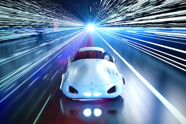 Беспилотный автомобиль или автономный автомобиль с 3D-рендерингом автомобиля в железнодорожном световом туннеле