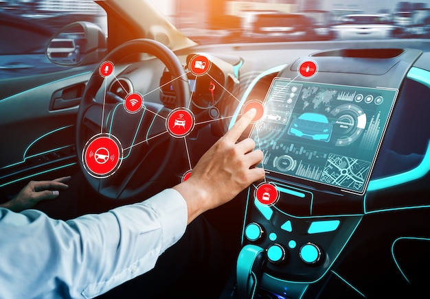 Driverless car interior with futuristic dashboard for autonomous control system