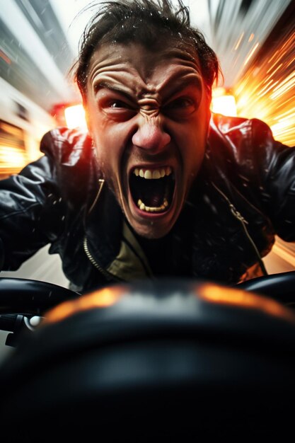 Foto un volto dei conducenti mentre accelerano lungo un'autostrada deserta