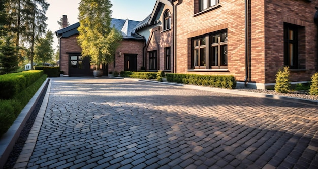 A driveway covered with brick and pavers