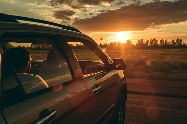 Photo driving down the road during scenic summer sunset summer trip