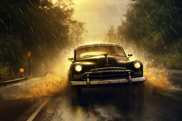 激しい雨の中で運転する