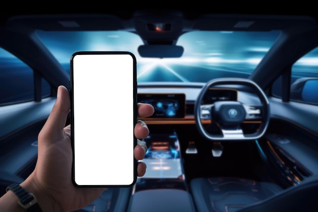 Driving Innovation Hand Holds Smartphone in Futuristic EV Car Dashboard A Glimpse into Tomorrow's Tech