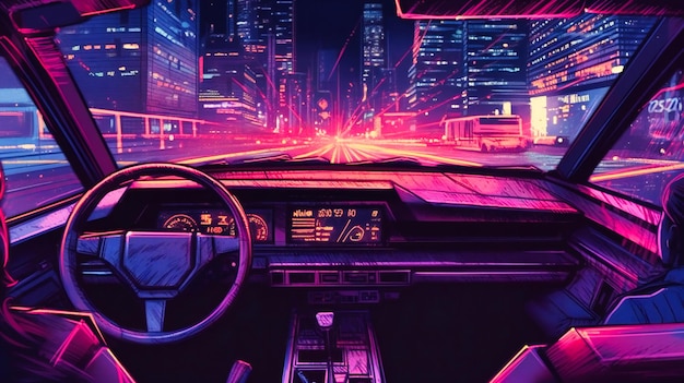 Driving inside car in a city at night with neon light