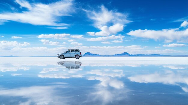 Driving on the mirror surface of salar de uyuni