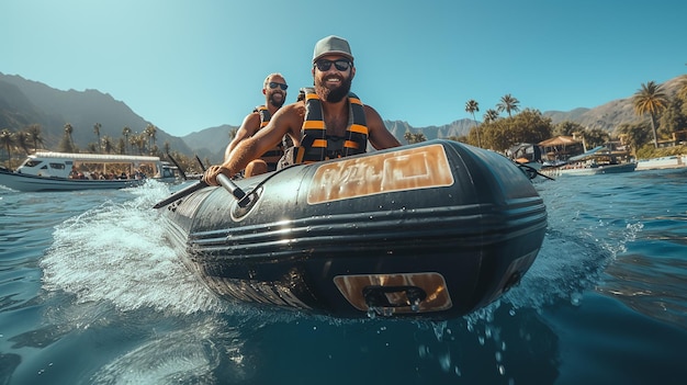 Driving motorboat on holiday Man sailing an inflatable rubber motor boat on the sea Boat rental