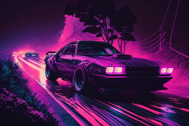 Photo driving in the night futuristic synthwave car in purple neon colours generative ai