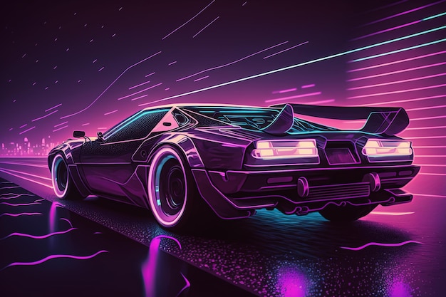 Driving in the night futuristic synthwave car in purple neon colours Generative AI