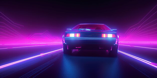 Driving in the night futuristic synthwave car in purple neon colours in motion