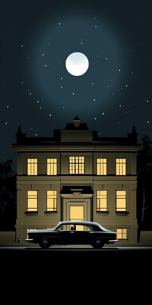 Photo driving at night old house and car in luminous skies