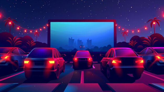 Foto guida in un parcheggio di un cinema all'aperto di notte festival teatrale con una ghirlanda sul grande schermo evento di intrattenimento aereo estivo per guardare film in macchina fuori video moderno