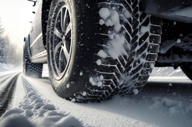 Driving on snow closeup on tyre created with generative AI