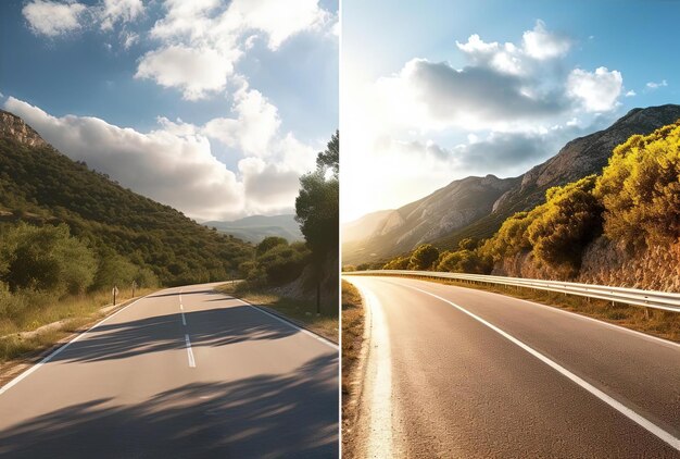 driving in southern europe road in the style of sunrays shine upon it