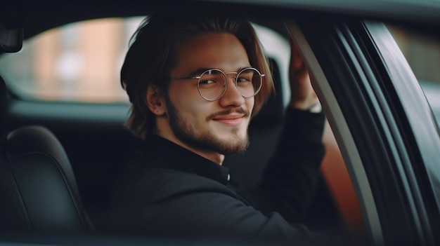 Driving a status automobile while grinning a handsome young man in smart casual attire Generative AI