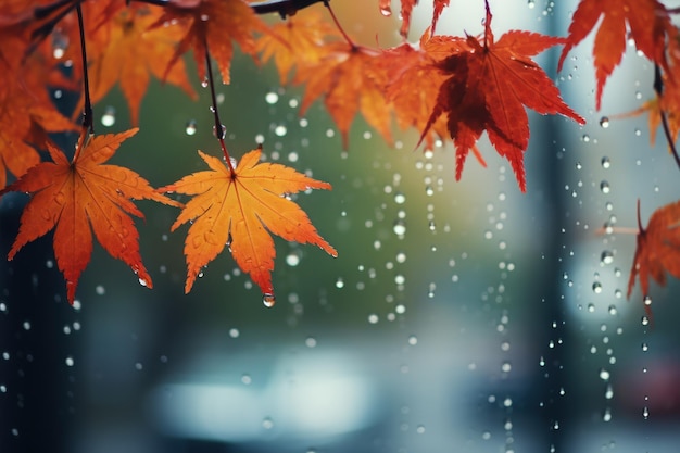 가을 배경 및 배경화면에 이슬비 비오는 날 생성 AI
