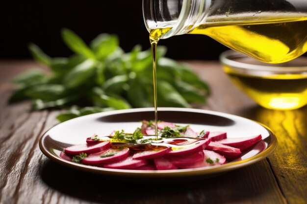 Photo drizzling olive oil over beet salad