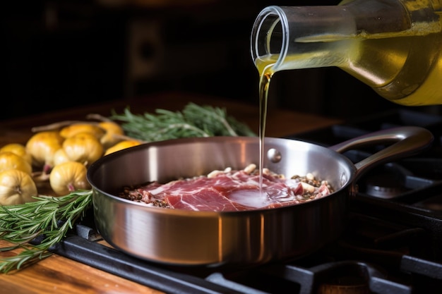 Drizzling olive oil to coq au vin preparation