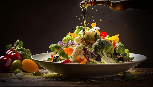 Drizzling Olive Oil over a fresh salad. AI generative.