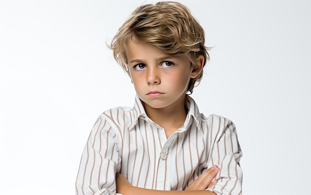 Foto droevig kind in oud gestreept shirt geïsoleerd op een doorzichtige achtergrond png