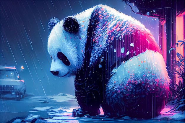 Droevige futuristische panda in neonkleuren Generatieve AI Generatieve AI