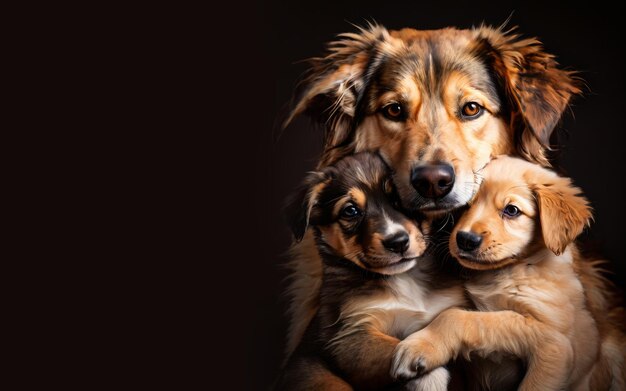 Droevige hond knuffelt puppy's dierenwelzijn poster