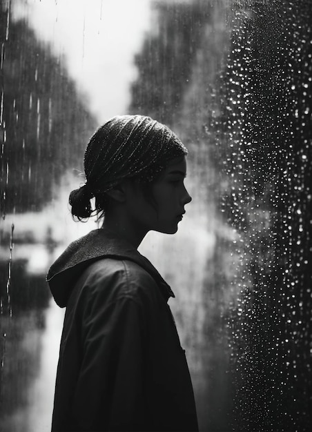 Foto droevige jonge vrouw die bij het raam staat in de regen zwart en wit ai generatief