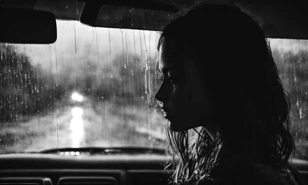 Droevige jonge vrouw die bij het raam staat in de regen Zwart en wit ai generatief