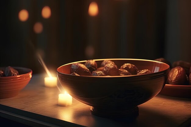 Foto droge dadels in een gouden plaat op een houten tafel kaarsen op de achtergrond iftar voedsel voor vegetariërs