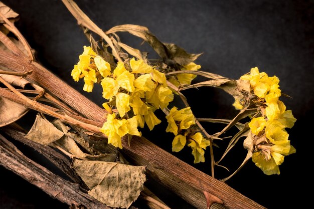 Foto droge gele bloemen liggen op tafel op een zwarte achtergrond