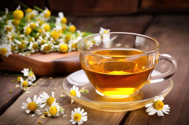 droge kamille bloemen en zelfgemaakte kruidenthee op een houten tafel