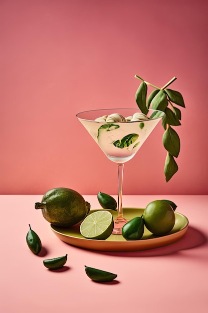 Droge Martini met limoen op salie groene achtergrond illustratie AI generatief