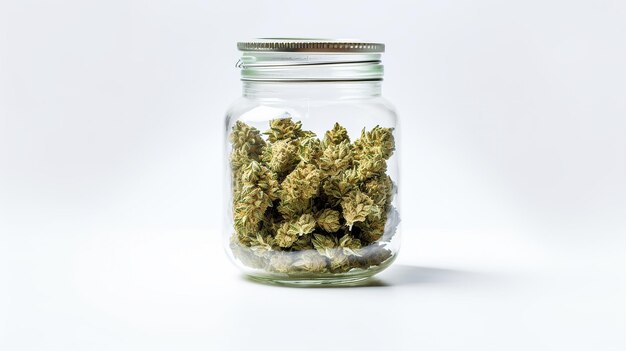 Foto droge medicinale cannabisknoppen in een pot op witte achtergrond