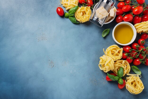 Droge pasta, cherry tomaten en ingrediënten op betonnen tafel