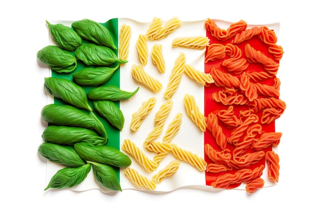 Foto droge pasta met basilicumblaadjes op italiaanse vlag geïsoleerd op witte achtergrond generatieve ai