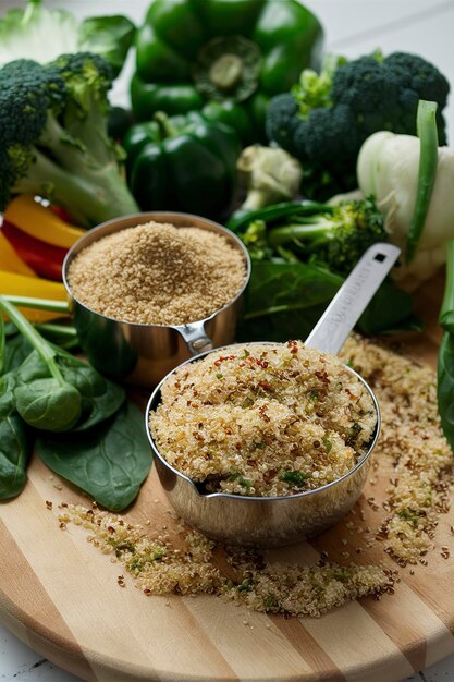 Droge quinoa in meetbeker en groene groenten glutenvrij en gezond kookconcept