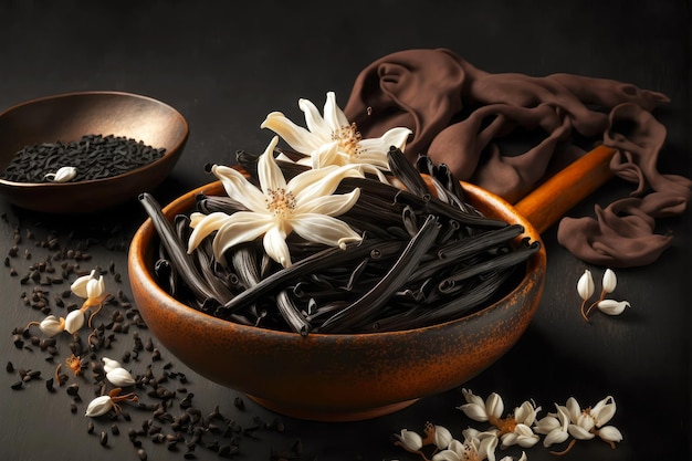 Droge vanillebonen in zwarte kom met witte bloemen en koffiebonen