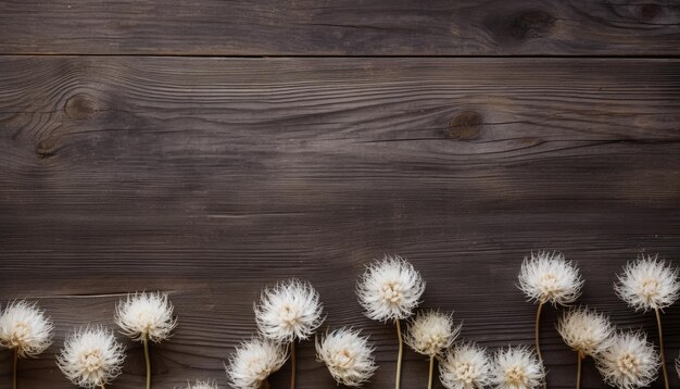 Droge witte paardebloemen op houten ondergrond Plat bovenaanzicht