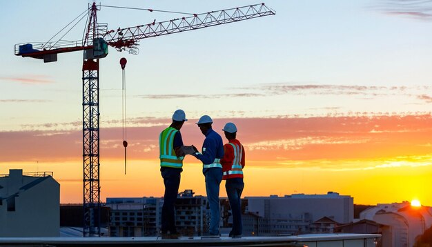 Dromen bouwen Gratis foto van bouwvakkers bij zonsondergang Wees getuige van de kunst van vooruitgang