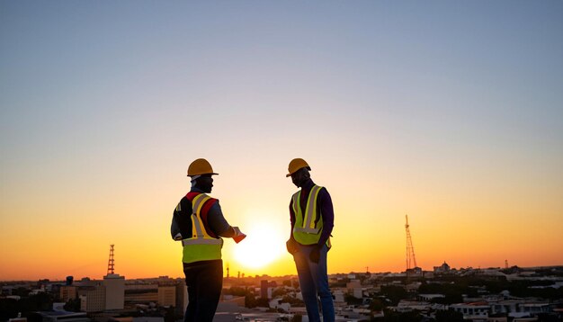 Dromen bouwen Gratis foto van bouwvakkers bij zonsondergang Wees getuige van de kunst van vooruitgang