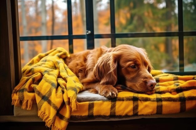Dromende hond slaapt op gezellige warme vensterbank in hygge-concept voor herfstweer