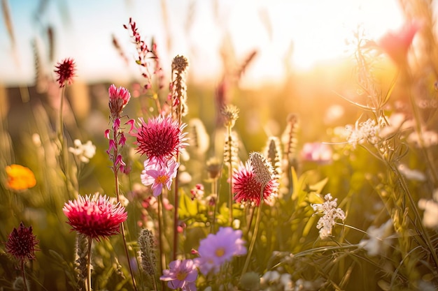 Dromerig romantisch beeld van wilde bloemen in de zon