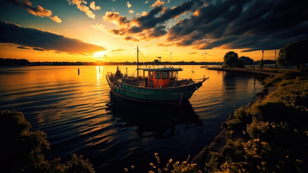 Dromerige baai bij zonsondergang met bootbomen en bloeiende bloemen Generatieve AI